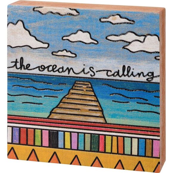 The Ocean is Calling Pier Sunshine Blue Water Wood Block Tier Tray Sign - Picture 1 of 7